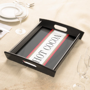 HOT COCOA Fun Black White Bright Red Brown Stripes Serving Tray
