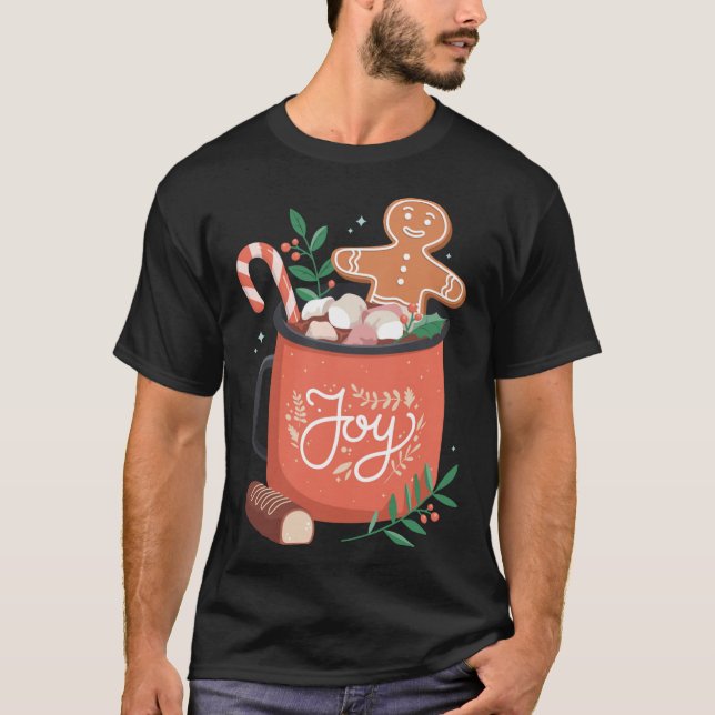Hot Cocoa Gingerbread Man with Candy Cane Joy T-Shirt (Front)
