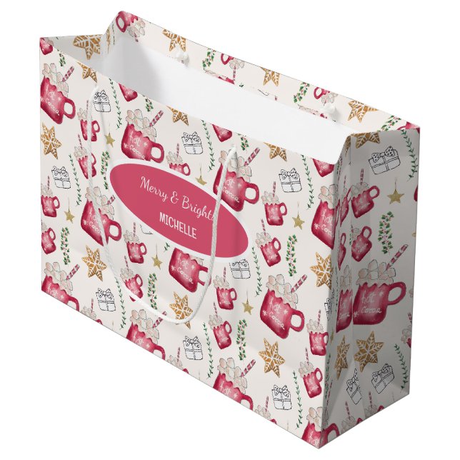 Hot Cocoa Holiday Party Watercolor Art Large Gift Bag (Front Angled)