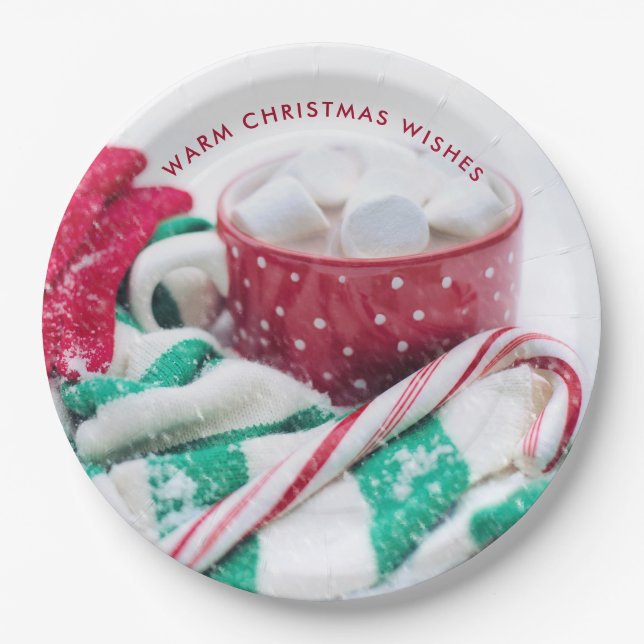 Hot Cocoa Marshmallows & Candy Cane Christmas Paper Plates (Front)