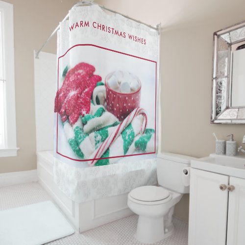 Hot Cocoa Marshmallows  Candy Cane Christmas Shower Curtain