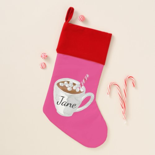 Hot Cocoa on Pink Christmas Stocking