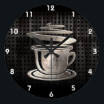 Hot Coffee; Cool Large Clock<br><div class="desc">Cool grunge industrial metal look hot coffee cup chocolate cocoa design. Great for gifts! Available on tee shirts, smart phone cases, mousepads, keychains, posters, cards, electronic covers, computer laptop / notebook sleeves, caps, mugs, and more! Visit our site for a custom gift case for Samsung Galaxy S3, iphone 5, HTC...</div>