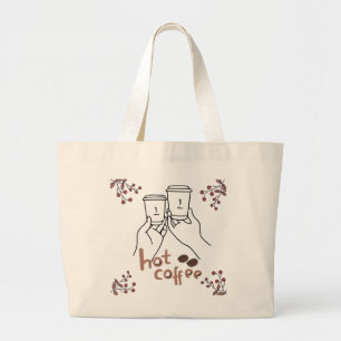 Hot Coffee Cozy Hand Drawn Coffee Lovers Botanical Large Tote Bag