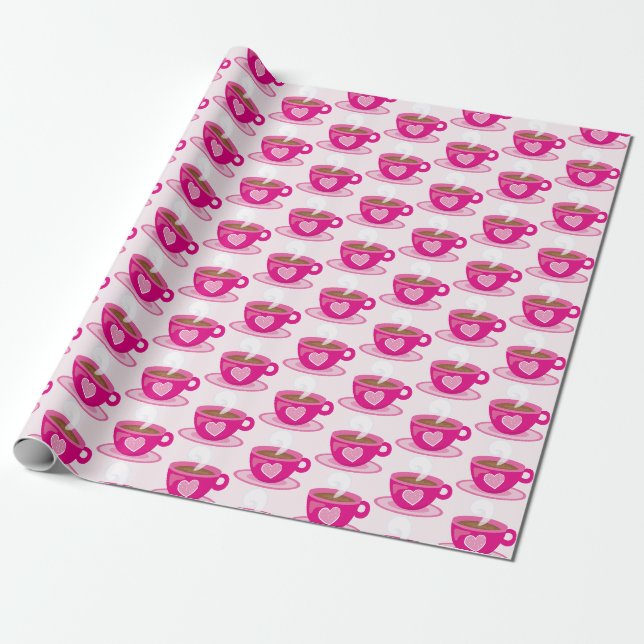 Hot Coffee Pink Cup Heart Pattern Valentine's Gift Wrapping Paper (Unrolled)