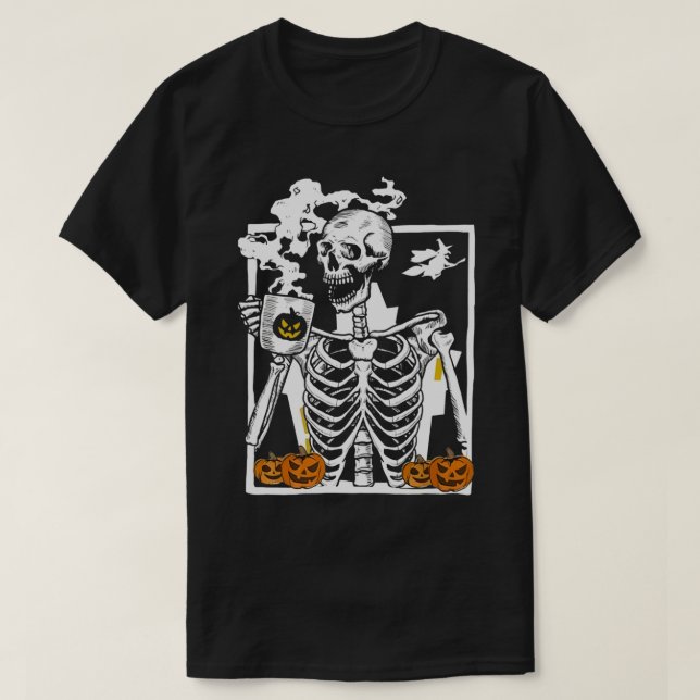 Hot Coffee Skeleton Drinking Funny Halloween Skull T-Shirt (Design Front)