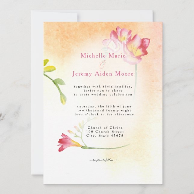 Hot Color Pink Freesia Floral Invitation (Front)