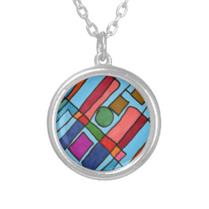 Hot & cool rectangular stripes with circle accent silver plated necklace