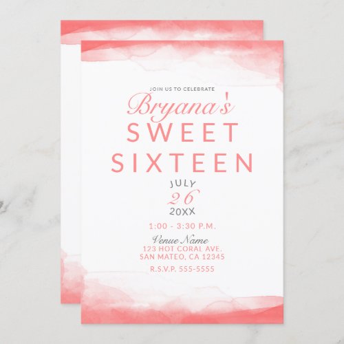 Hot Coral Bright Watercolor Modern Chic Sweet 16 Invitation