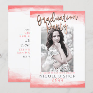 Hot Coral Modern Rose Gold Graduation Party Photo Invitation