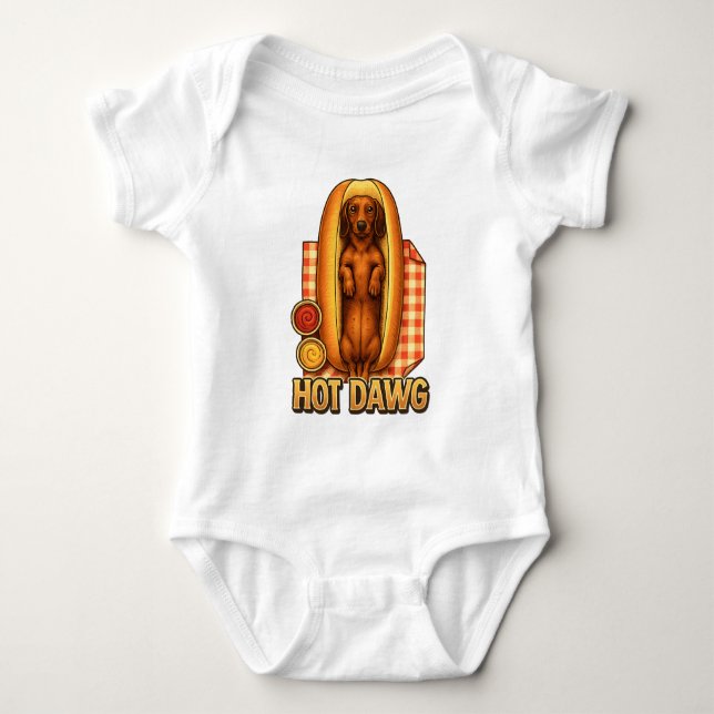 Hot Dawg Funny Dachshund Hot Dog Parody Cute Dog  Baby Bodysuit (Front)