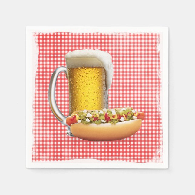 Hot Dog and Beer On Gingham Napkins (Front)
