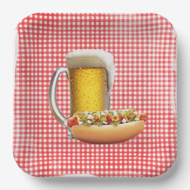 Hot Dog and Beer On Gingham Paper Plates (Front)