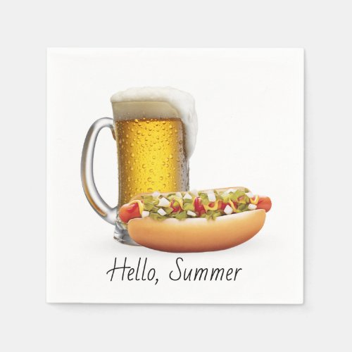Hot Dog and Beer On White Napkins