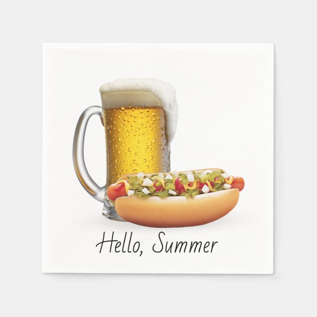 Hot Dog and Beer On White Napkins (Front)