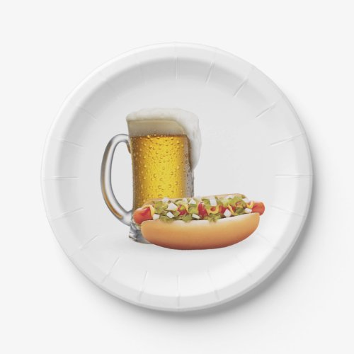 Hot Dog and Beer On White Paper Plates