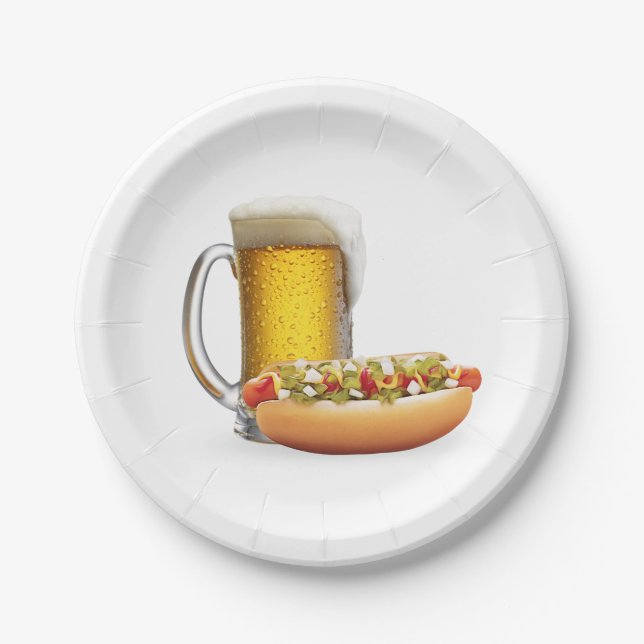 Hot Dog and Beer On White Paper Plates (Front)