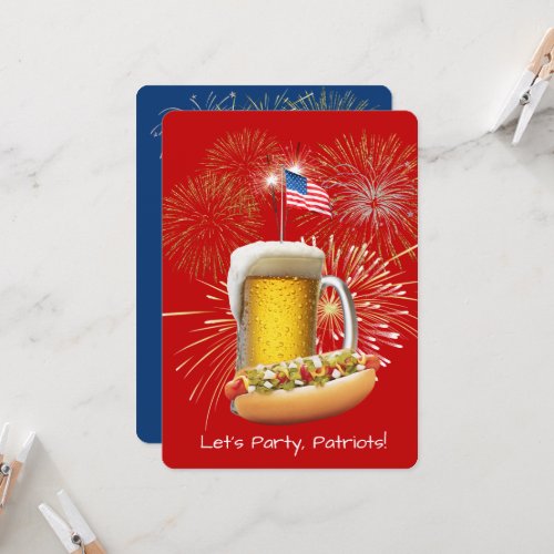 Hot Dog and Beer With Fireworks and Flag Invitation