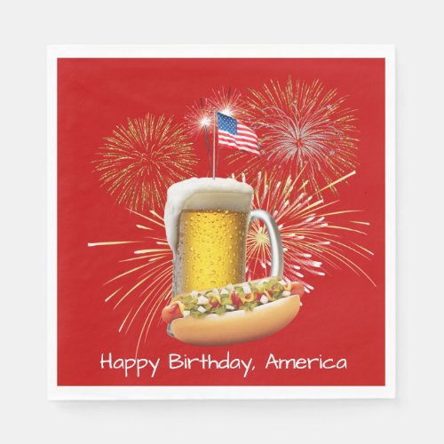 Hot Dog and Beer With Fireworks and Flag Napkins