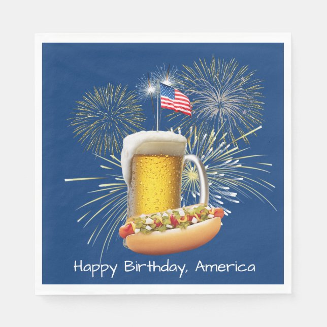 Hot Dog and Beer With Fireworks and Flag Napkins (Front)