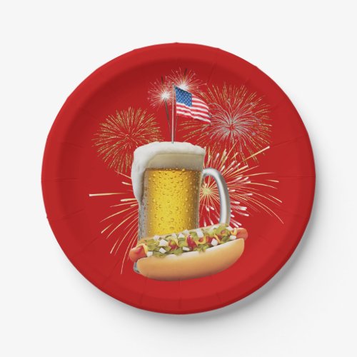 Hot Dog and Beer With Fireworks and Flag Paper Plates