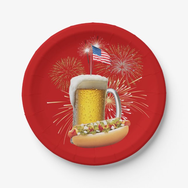 Hot Dog and Beer With Fireworks and Flag Paper Plates (Front)