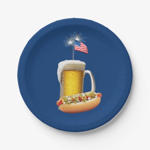 Hot Dog and Beer With Flag Paper Plates