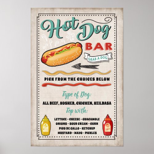 Hot Dog Bar Menu Party Sign