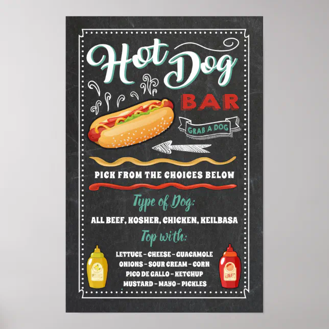 Hot Dog Bar Menu Party Sign | Zazzle hot-dog-bar-menu-party-sign-zazzle