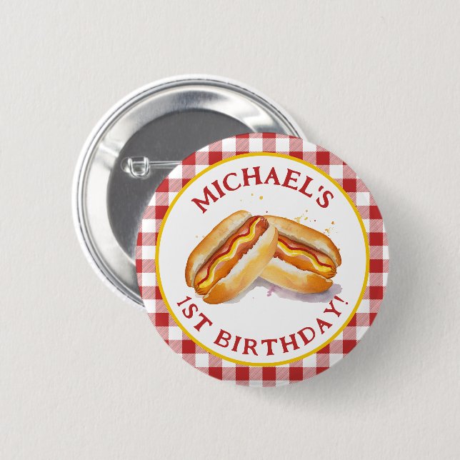 Hot Dog Birthday Party Button – Red Gingham Kids C (Front & Back)