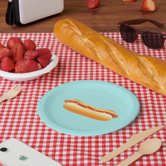 Hot Dog Cartoon Drawing On Blue Background Paper Plates (Picnic)