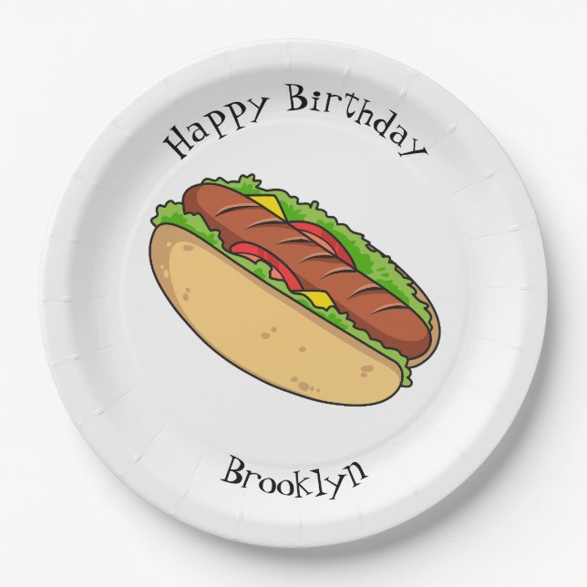 Hot dog cartoon illustration paper plates (Front)