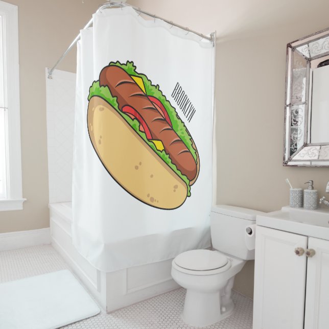 Hot dog cartoon illustration shower curtain (In Situ)