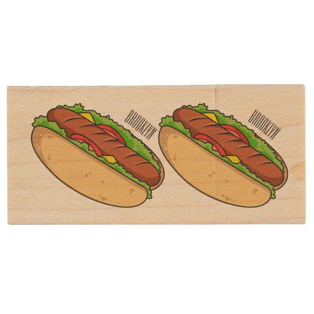Hot dog cartoon illustration wood flash drive (Front)