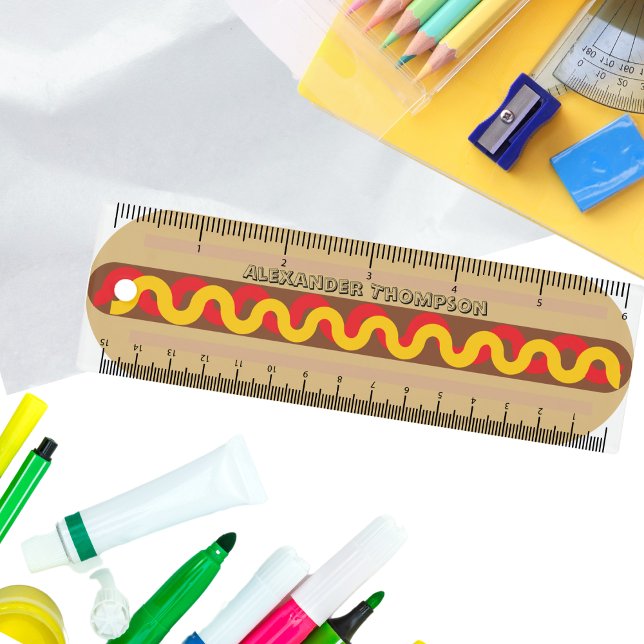Hot Dog Colorful Food Novelty Personalized Kids Ruler (A fun novelty ruler, designed to look like a hot dog with mustard and ketchup)