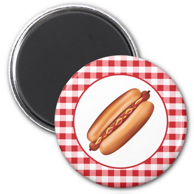 Hot Dog Fast Food Illustration On Red Gingham Magnet (Front)