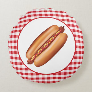 Hot Dog Fast Food Illustration On Red Gingham Round Pillow