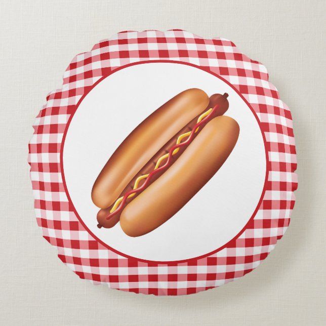Hot Dog Fast Food Illustration On Red Gingham Round Pillow (Front)