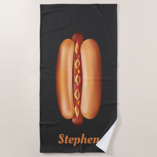 Hot Dog Fast Food Illustration With Custom Name Beach Towel