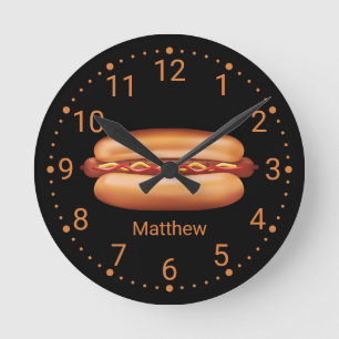 Hot Dog Fast Food Illustration With Custom Name Round Clock