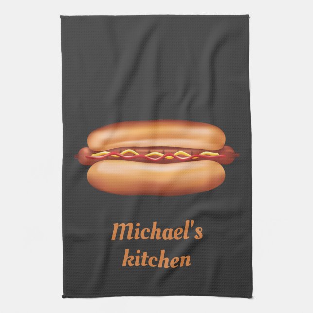 Hot Dog Fast Food Illustration With Custom Text Kitchen Towel (Vertical)