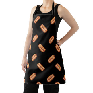 Hot Dog Fast Food Pattern On A Black Background Apron