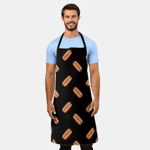 Hot Dog Fast Food Pattern On A Black Background Apron