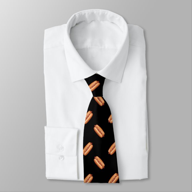 Hot Dog Fast Food Pattern On Black Neck Tie (Tied)
