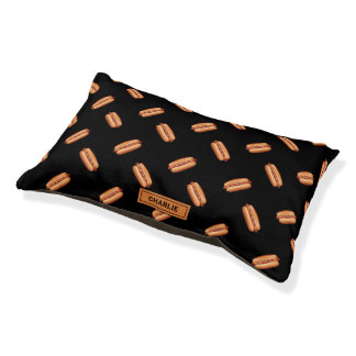 Hot Dog Fast Food Pattern On Black With Name Pet Bed