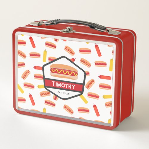 Hot Dog Fast Food Pattern Retro Monogram Metal Lunch Box