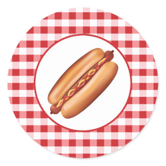 Hot Dog Fast Food Snack On Red Gingham Classic Round Sticker