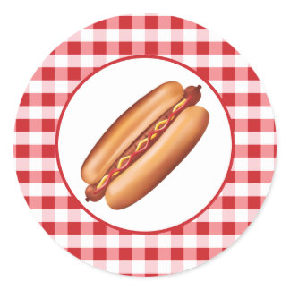 Hot Dog Fast Food Snack On Red Gingham Classic Round Sticker