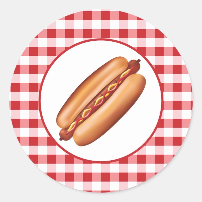Hot Dog Fast Food Snack On Red Gingham Classic Round Sticker (Front)