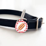 Hot Dog Fast Food Snack On Red Gingham Pet ID Tag<br><div class="desc">Destei's fast food illustration of a hot dog bun with a grilled sausage that has some ketchup and mustard on top. The background has a red gingham pattern. On the other side there are two personalizable text areas where one is ideal for the name of the pet while the other...</div>